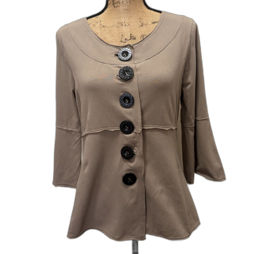 Neon Buddha Button Front Shirt Bell Sleeve Stretch Beige Taupe Lagenlook Size XS